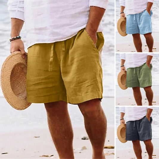 Pantalones cortos de verano para hombre con cordón, bolsillos, pierna recta y ancha, hasta la rodilla, de algodón, muy frescos.