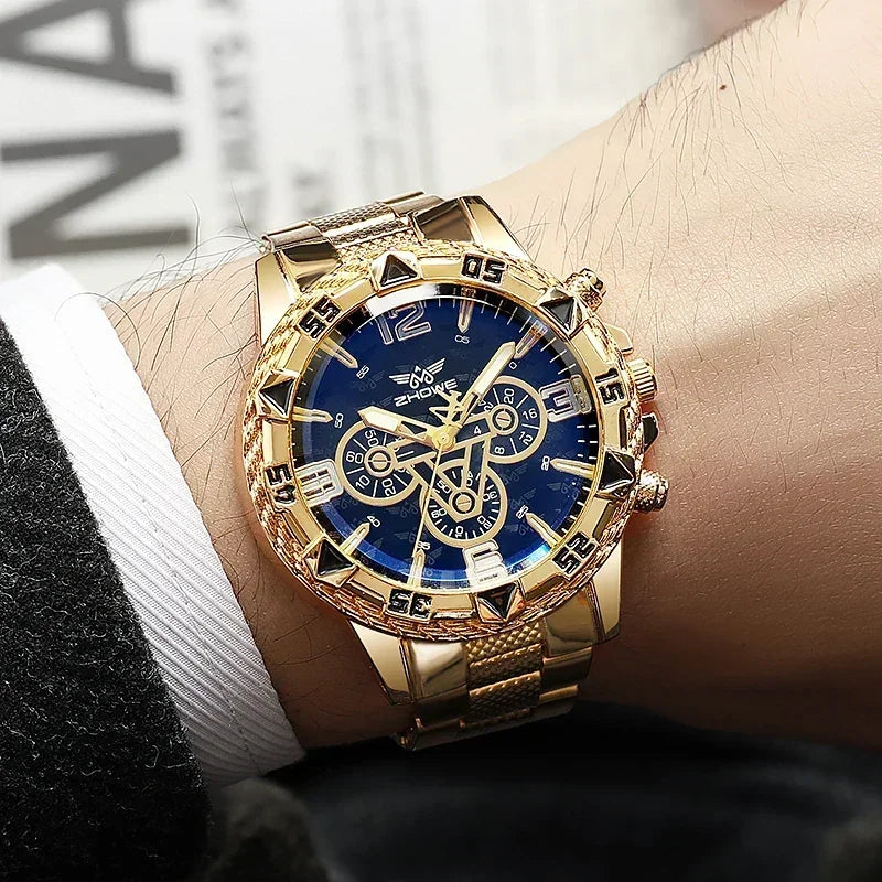 Reloj de cuarzo de lujo para hombre, reloj de pulsera clásico de negocios para hombre, esfera grande, tira de acero de aleación, luz azul, reloj de cuarzo de tres ojos para hombre