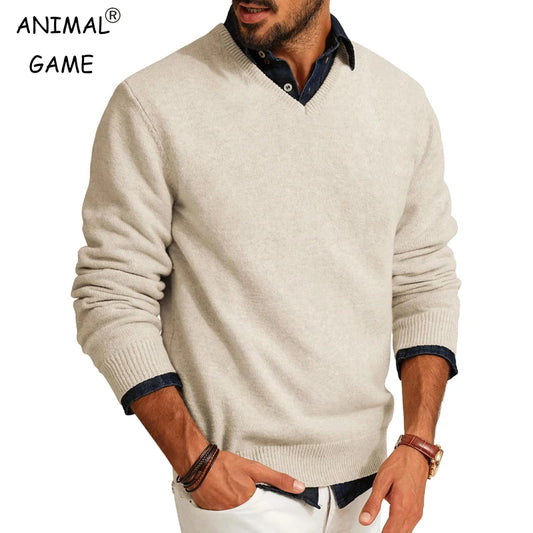Jerséis de hombre con cuello en V, de lana ligera, manga larga, ajuste entallado, ropa de abrigo para primavera/otoño