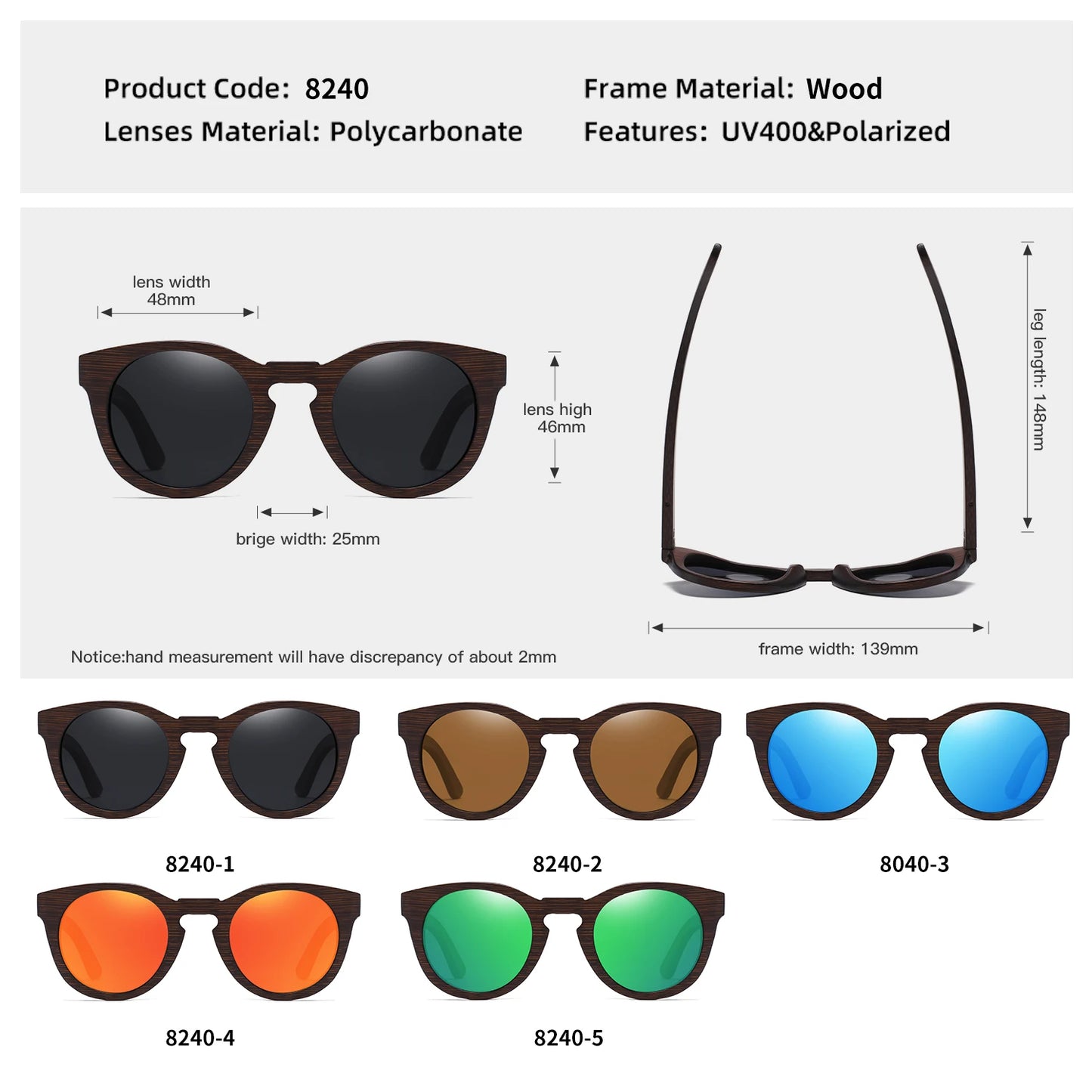 GM gafas de sol polarizadas de bambú UV400 caja cuadrada de madera