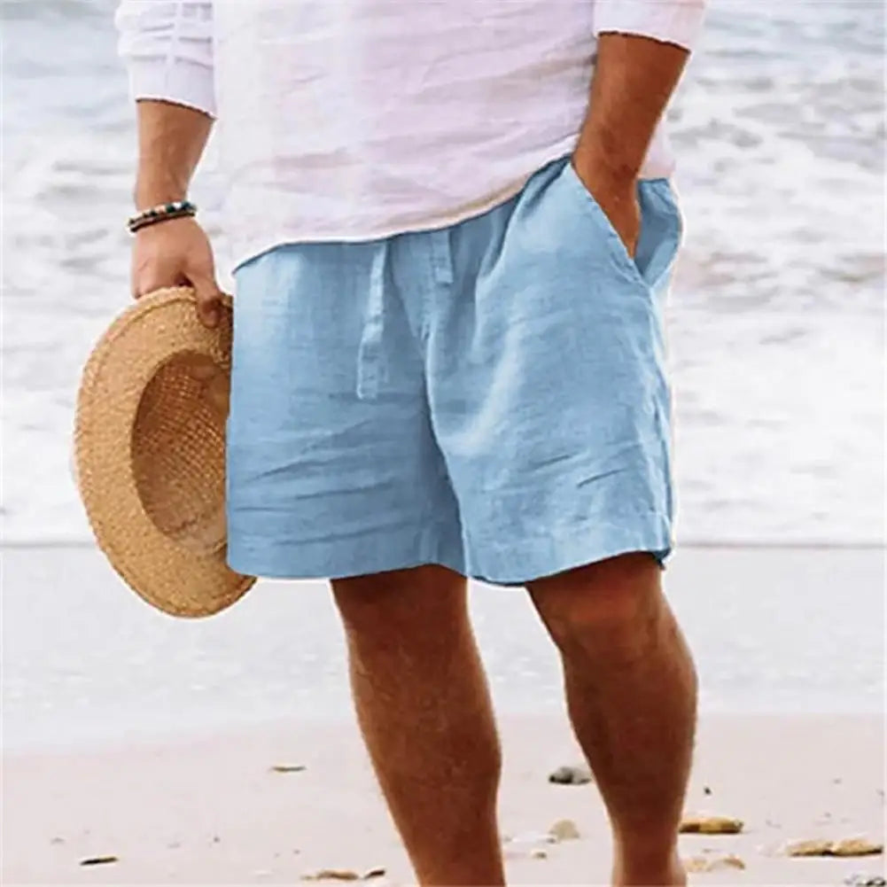 Pantalones cortos de verano para hombre con cordón, bolsillos, pierna recta y ancha, hasta la rodilla, de algodón, muy frescos.