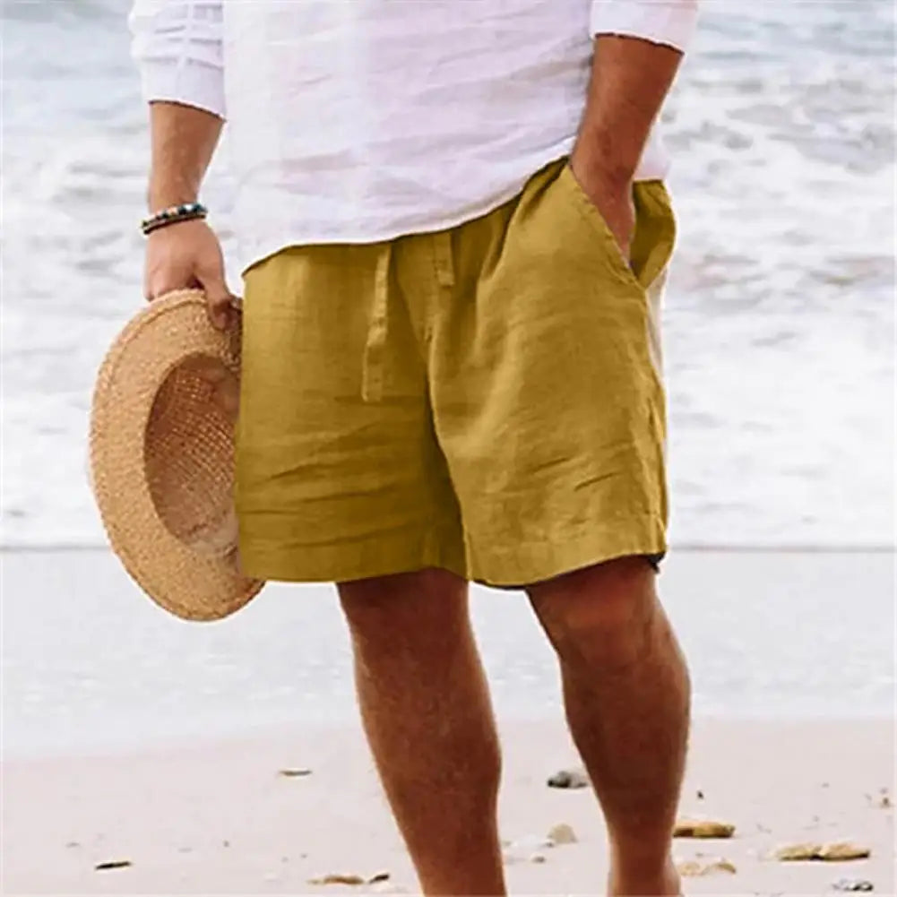 Pantalones cortos de verano para hombre con cordón, bolsillos, pierna recta y ancha, hasta la rodilla, de algodón, muy frescos.