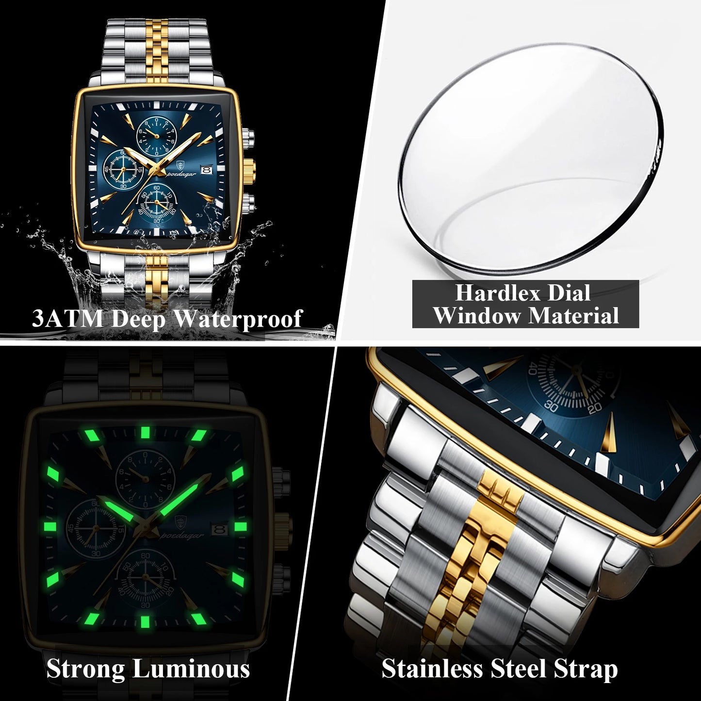 Reloj POEDAGAR de pulsera luminoso resistente al agua con cronógrafo y fecha para hombre, de cuarzo y acero  inoxidable
