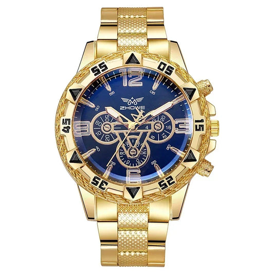 Reloj de cuarzo de lujo para hombre, reloj de pulsera clásico de negocios para hombre, esfera grande, tira de acero de aleación, luz azul, reloj de cuarzo de tres ojos para hombre
