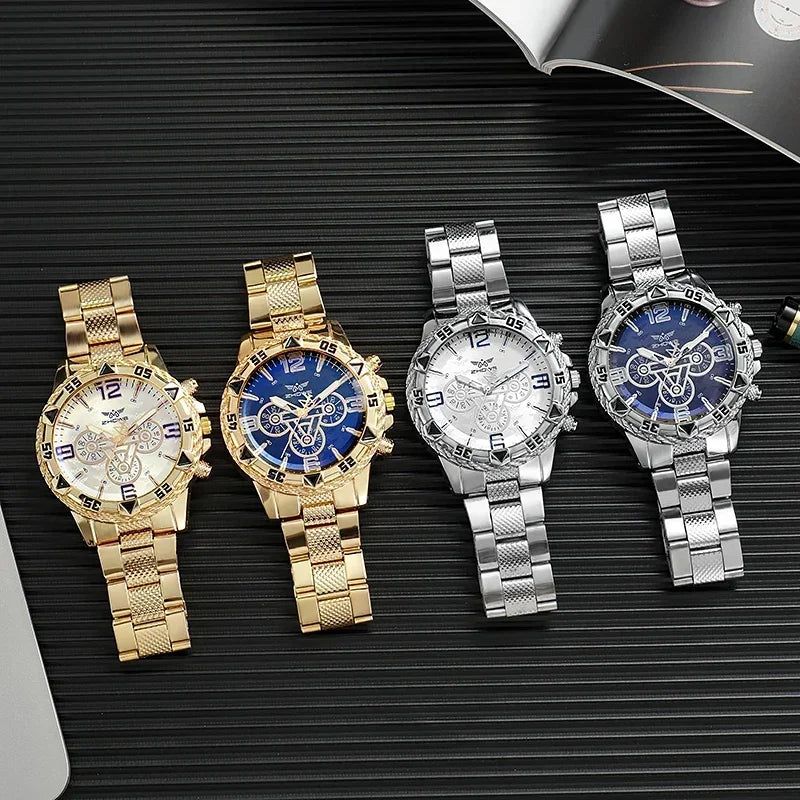 Reloj de cuarzo de lujo para hombre, reloj de pulsera clásico de negocios para hombre, esfera grande, tira de acero de aleación, luz azul, reloj de cuarzo de tres ojos para hombre