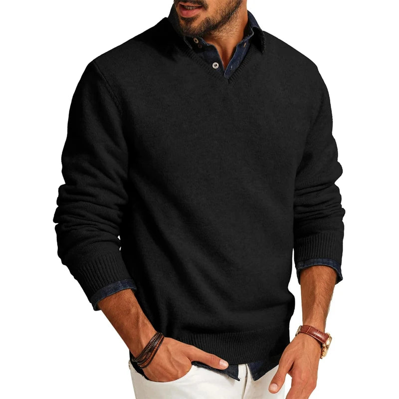 Jerséis de hombre con cuello en V, de lana ligera, manga larga, ajuste entallado, ropa de abrigo para primavera/otoño