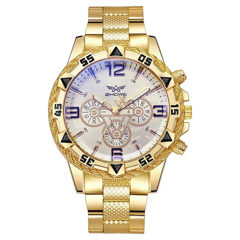 Reloj de cuarzo de lujo para hombre, reloj de pulsera clásico de negocios para hombre, esfera grande, tira de acero de aleación, luz azul, reloj de cuarzo de tres ojos para hombre