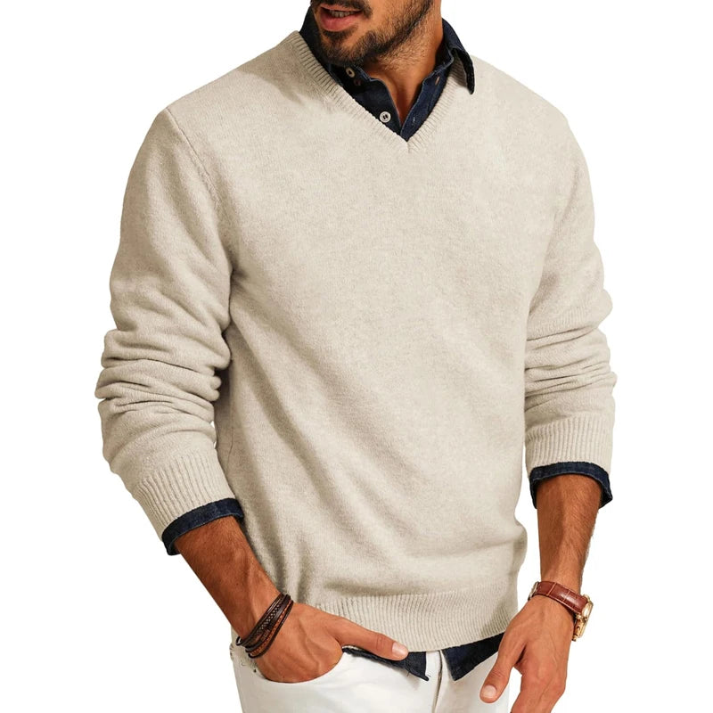 Jerséis de hombre con cuello en V, de lana ligera, manga larga, ajuste entallado, ropa de abrigo para primavera/otoño