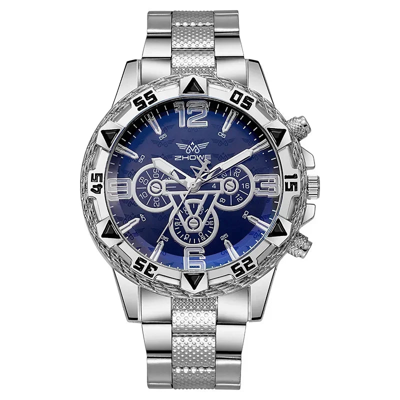 Reloj de cuarzo de lujo para hombre, reloj de pulsera clásico de negocios para hombre, esfera grande, tira de acero de aleación, luz azul, reloj de cuarzo de tres ojos para hombre