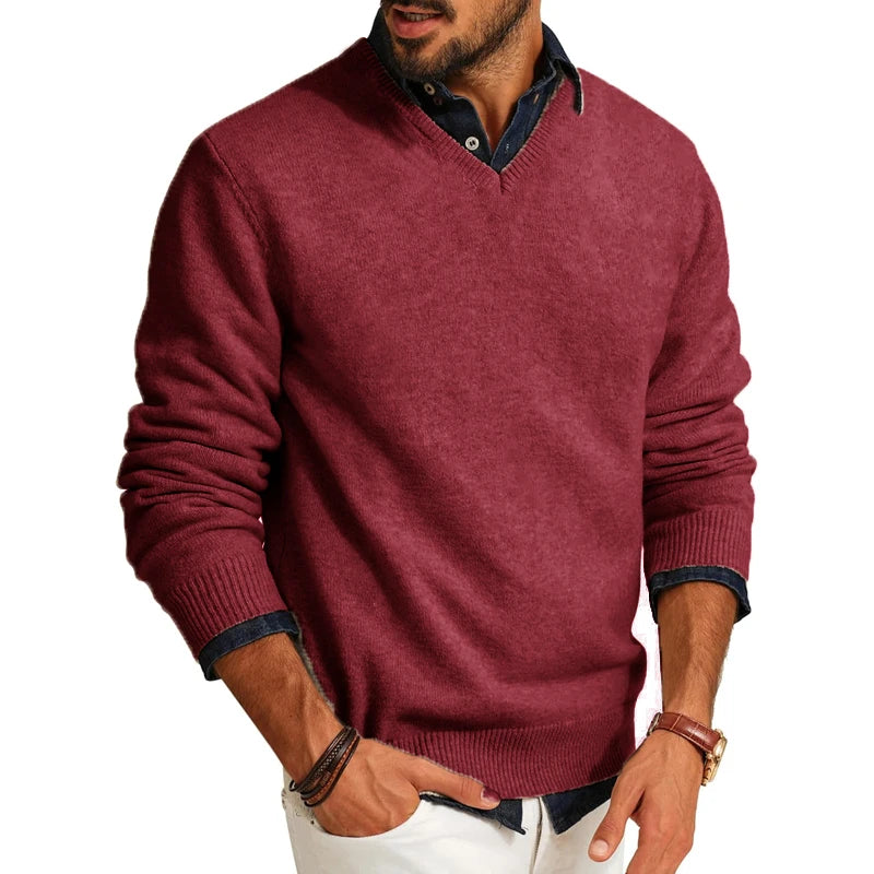 Jerséis de hombre con cuello en V, de lana ligera, manga larga, ajuste entallado, ropa de abrigo para primavera/otoño