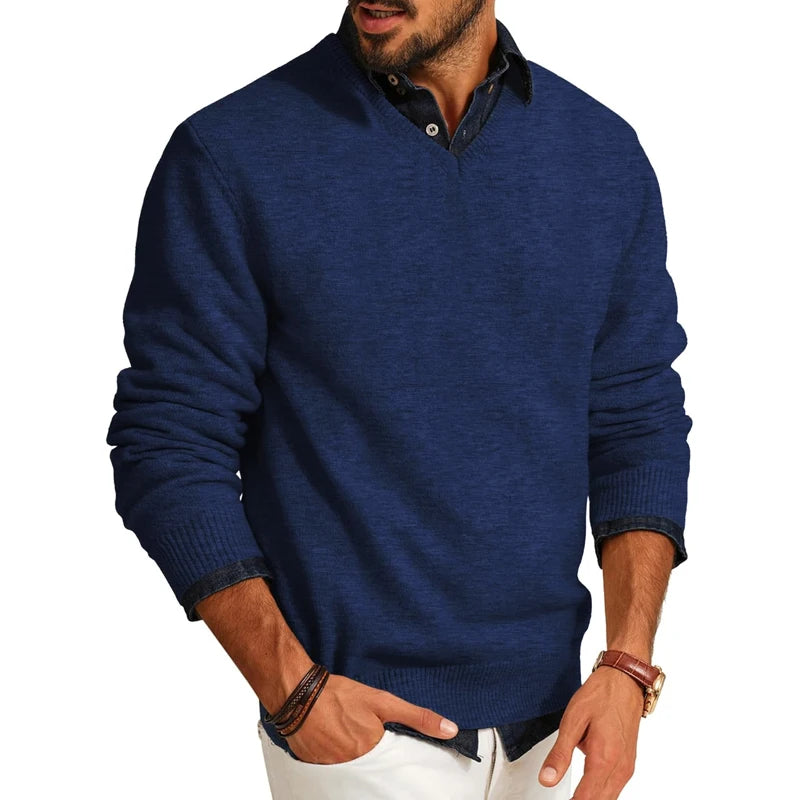Jerséis de hombre con cuello en V, de lana ligera, manga larga, ajuste entallado, ropa de abrigo para primavera/otoño
