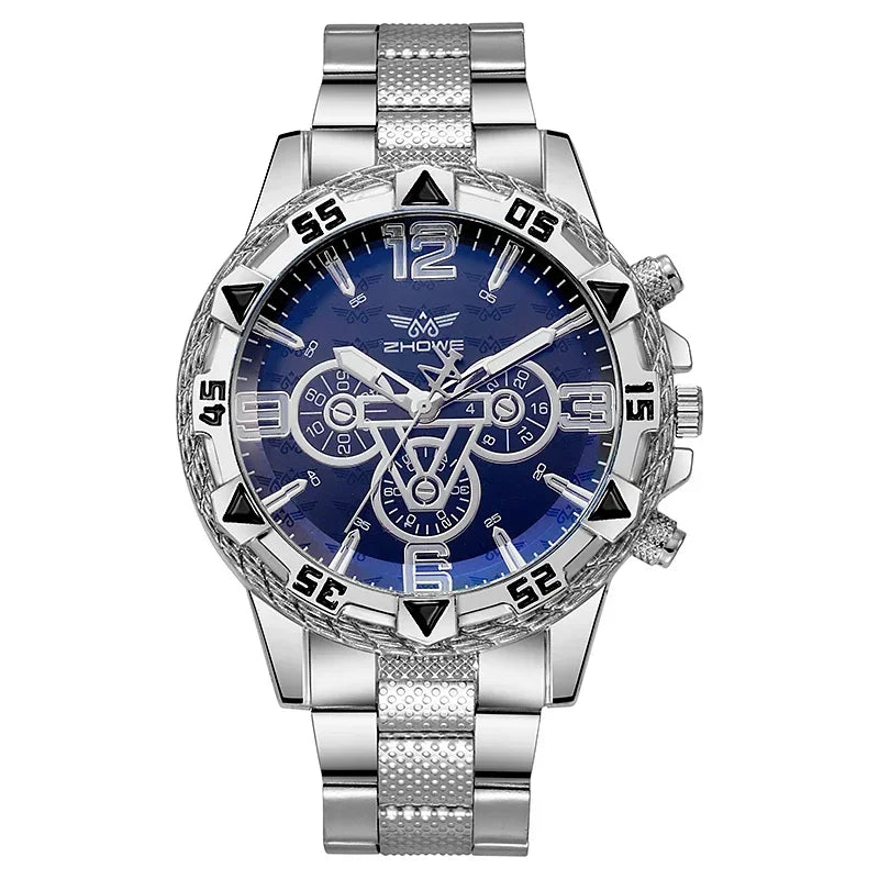 Reloj de cuarzo de lujo para hombre, reloj de pulsera clásico de negocios para hombre, esfera grande, tira de acero de aleación, luz azul, reloj de cuarzo de tres ojos para hombre