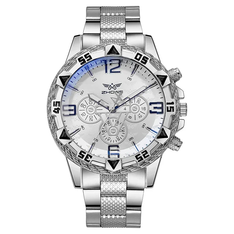 Reloj de cuarzo de lujo para hombre, reloj de pulsera clásico de negocios para hombre, esfera grande, tira de acero de aleación, luz azul, reloj de cuarzo de tres ojos para hombre